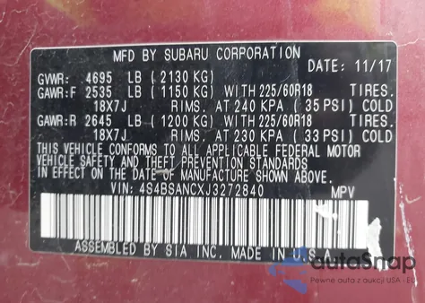 2018 Subaru Outback 2.5I Limited z USA, uszkodzony, nr VIN 4S4BSANCXJ3272840